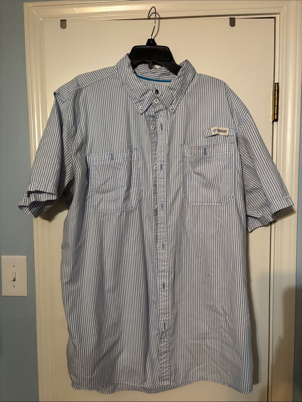 Magellan Men's Short Sleeve Button-Down Shirt — Light Blue & White Stripe